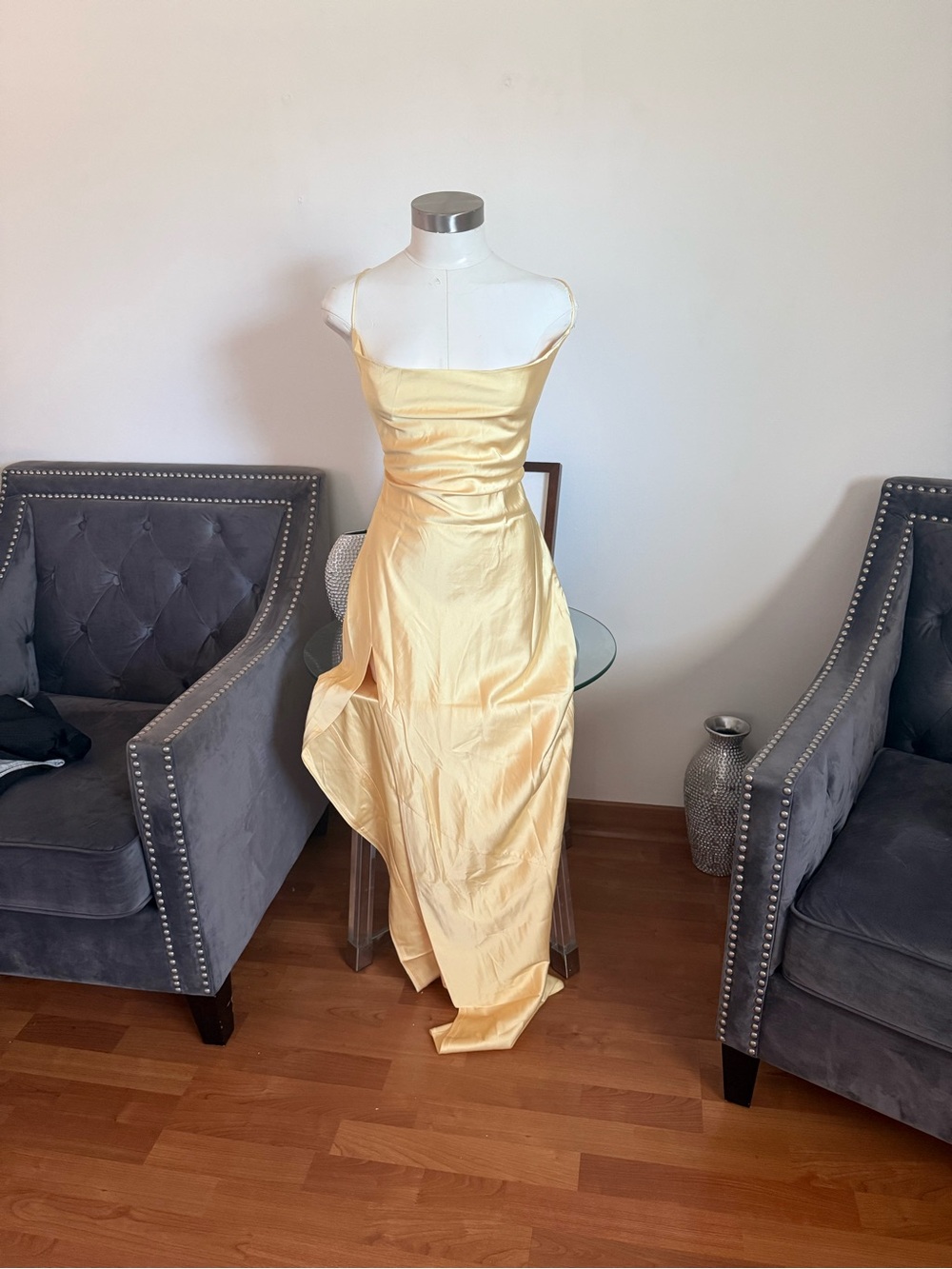 Elegant Strapless Pale Yellow Satin Wedding Dress